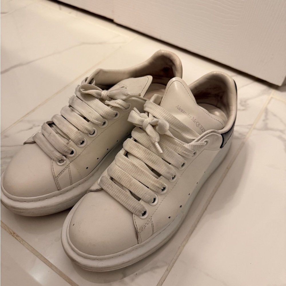 Alexander McQueen White Leather Sneakers with Black Heel Tab